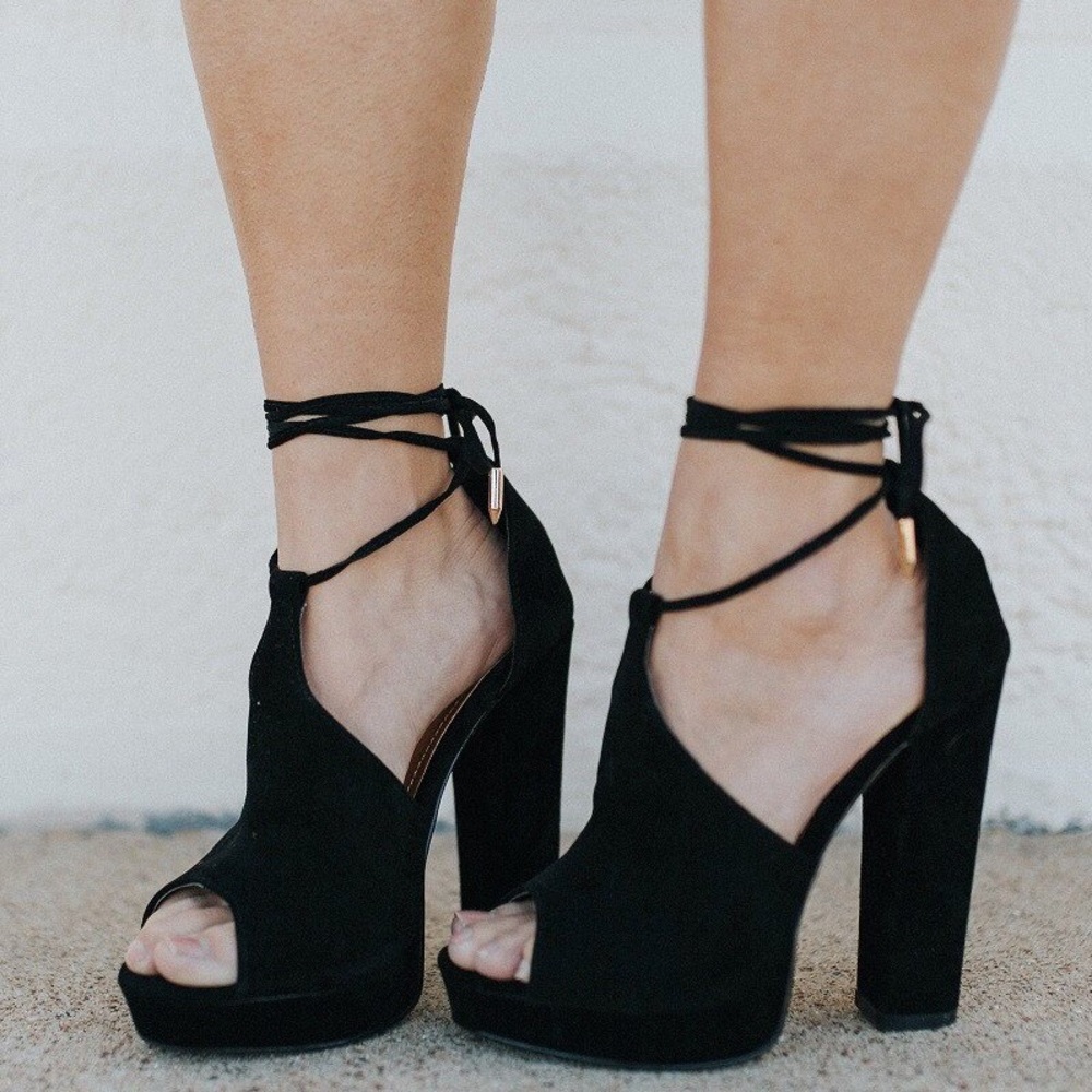 Black Suede Lace Up Chunky Heel